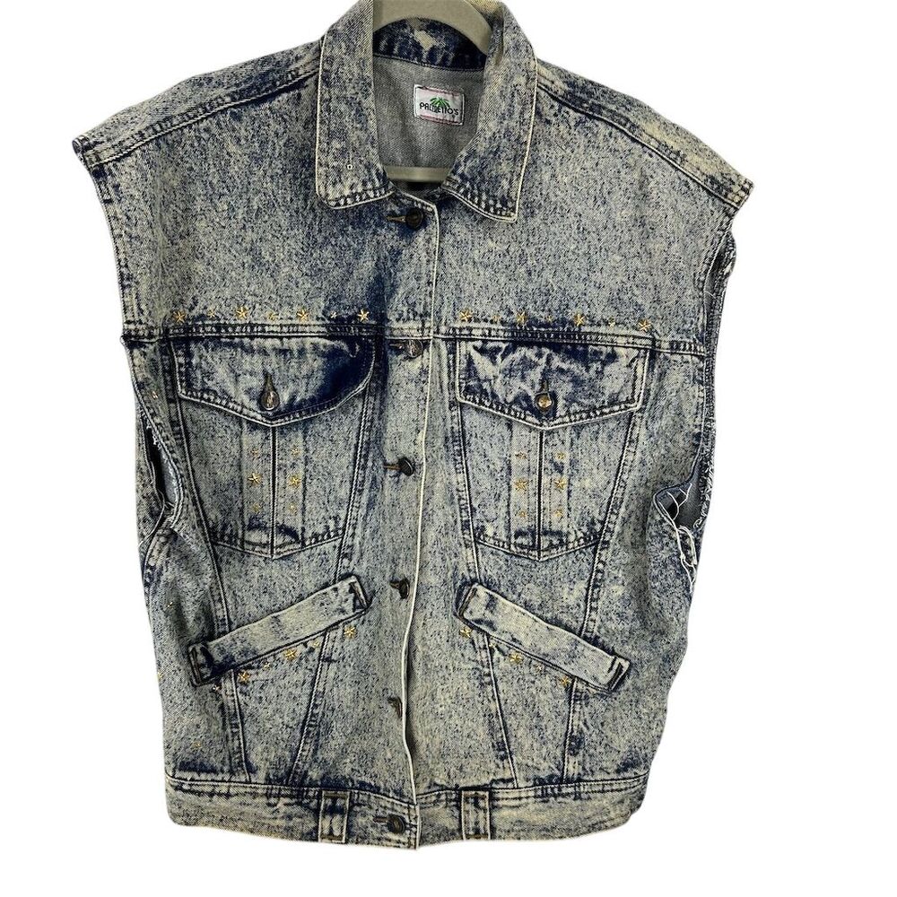 Palmetto’s Vintage Acid Wash Denim Vest Unisex Size M/L Gold Studded Sleeveless